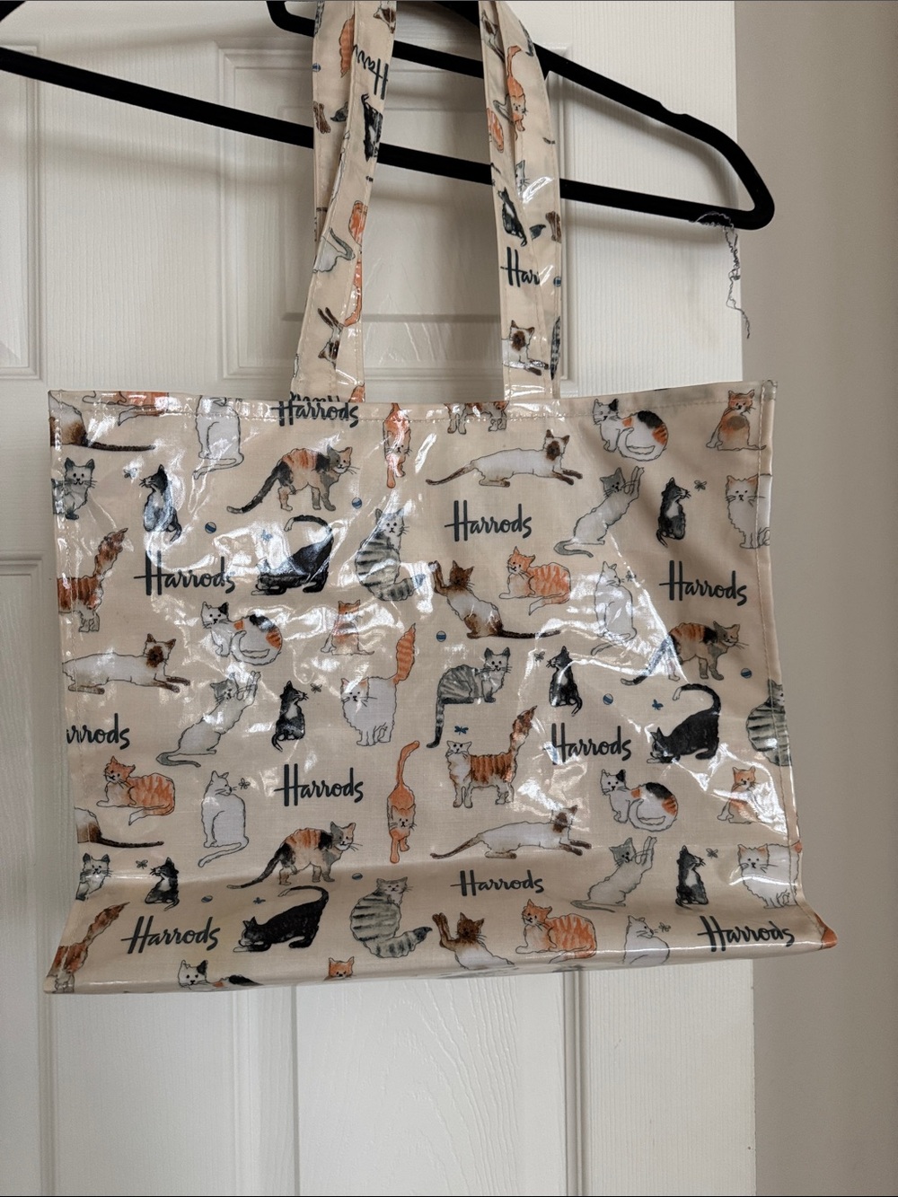 Harrods Beige Cat-Print Glossy Tote Bag